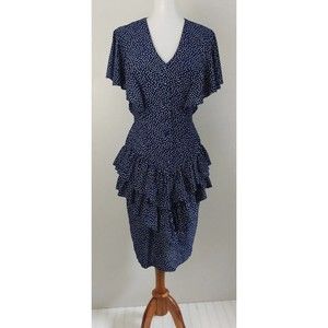 Vintage 80s does 40s Peplum Ruffle Dress Wiggle Cap Sleeve 6 Blue Polka Dot